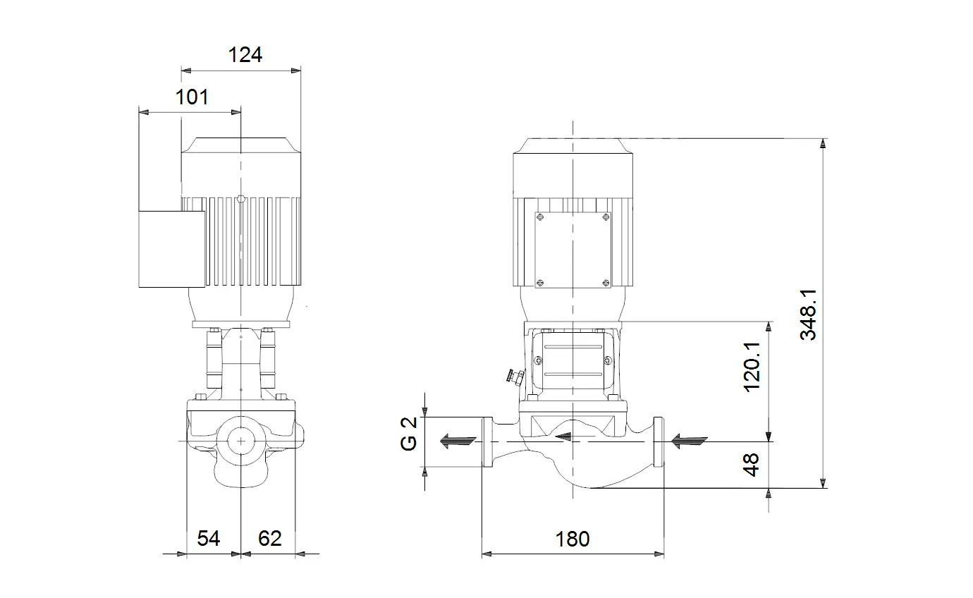 Grundfos Pumpenzeichnung mit technischem Diagramm einer einstufigen Inlinepumpe, dargestellt von der Seite und in der Vorderansicht, inklusive Maßangaben.